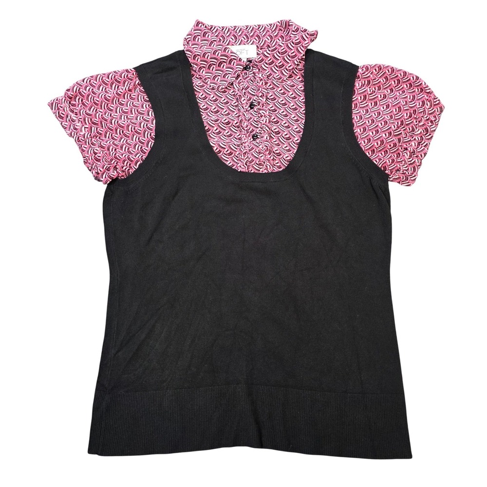 Ann Taylor LOFT Layered Knit Vest  Top Women's Size M Black Pink Ruffle Sleeve